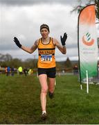 13 February 2022; Lizzie Lee of Leevale AC, Cork, celebrates winning the over 40 women's 4000m at The Irish Life Health National Intermediate, Master, Juvenile B & Relays Cross Country Championships in Castlelyons, Cork. Photo by Sam Barnes/Sportsfile