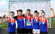 13 February 2022; The Derg AC team, Clare, from left, Adam Blake, Enda Tormey, Archie McNamara, Tom Arthur and Oliver Finn celebrate with their medals after winning the under 14 boys relay at The Irish Life Health National Intermediate, Master, Juvenile B & Relays Cross Country Championships in Castlelyons, Cork. Photo by Sam Barnes/Sportsfile