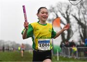 13 February 2022; Emma Flynn of North Cork AC celebrates winning the girl's under 12 relay at The Irish Life Health National Intermediate, Master, Juvenile B & Relays Cross Country Championships in Castlelyons, Cork. Photo by Sam Barnes/Sportsfile