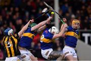 13 February 2022; Huw Lawlor of Kilkenny, left, comtests a dropping sliotar with Tipperary players, from left, Denis Maher, Ger Browne and Mark Kehoe during the Allianz Hurling League Division 1 Group B match between Tipperary and Kilkenny at FBD Semple Stadium in Thurles, Tipperary. Photo by Brendan Moran/Sportsfile