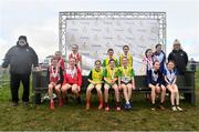 13 February 2022; Under 12 girl's relay medallists, North Cork AC, gold, centre, Ennis Track Club, silver, left, and Ratoath AC, Meath, bronze, right, at The Irish Life Health National Intermediate, Master, Juvenile B & Relays Cross Country Championships in Castlelyons, Cork. Photo by Sam Barnes/Sportsfile