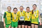 13 February 2022; The North Cork team, from left, Ciara Kiely, Michaela Finn, Emma Flynn, Hannah O'Connell and Fara Whelan with their medals after winning the girl's under 12 relay at The Irish Life Health National Intermediate, Master, Juvenile B & Relays Cross Country Championships in Castlelyons, Cork. Photo by Sam Barnes/Sportsfile