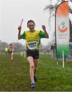 13 February 2022; Emma Flynn of North Cork AC celebrates winning the girl's under 12 relay at The Irish Life Health National Intermediate, Master, Juvenile B & Relays Cross Country Championships in Castlelyons, Cork. Photo by Sam Barnes/Sportsfile
