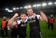 12 February 2022; Ceilum Docherty, left, and Felim McGreevy of Kilcoo celebrate after the AIB GAA Football All-Ireland Senior Club Championship Final match between Kilcoo, Down, and Kilmacud Crokes, Dublin, at Croke Park in Dublin. Photo by Stephen McCarthy/Sportsfile