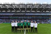 12 February 2022; Referee Seán Hurson with his officials before the AIB GAA Football All-Ireland Senior Club Championship Final match between Kilcoo, Down, and Kilmacud Crokes, Dublin, at Croke Park in Dublin. Photo by Piaras Ó Mídheach/Sportsfile