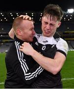 12 February 2022; Ceilum Docherty of Kilcoo, right, celebrates after his side's victory in the AIB GAA Football All-Ireland Senior Club Championship Final match between Kilcoo, Down, and Kilmacud Crokes, Dublin, at Croke Park in Dublin. Photo by Piaras Ó Mídheach/Sportsfile