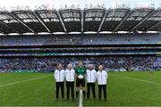 12 February 2022; Referee Seán Hurson with his umpires before the AIB GAA Football All-Ireland Senior Club Championship Final match between Kilcoo, Down, and Kilmacud Crokes, Dublin, at Croke Park in Dublin. Photo by Piaras Ó Mídheach/Sportsfile