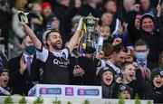 12 February 2022; Kilcoo joint-captain Conor Laverty lifts the Andy Merrigan cup after his side's victory in the AIB GAA Football All-Ireland Senior Club Championship Final match between Kilcoo, Down, and Kilmacud Crokes, Dublin, at Croke Park in Dublin. Photo by Piaras Ó Mídheach/Sportsfile