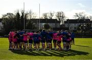 14 February 2022; Players huddle during a Leinster Rugby squad training session at UCD in Dublin. Photo by Harry Murphy/Sportsfile
