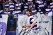 15 February 2022; Blayze Molloy of Clongowes Wood celebrates after scoring his side's first try during the Bank of Ireland Leinster Rugby Schools Senior Cup 1st Round match between Clongowes Wood College, Kildare and Gonzaga College, Dublin at Energia Park in Dublin. Photo by David Fitzgerald/Sportsfile
