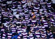 15 February 2022; Clongowes supporters celebrate a try during the Bank of Ireland Leinster Rugby Schools Senior Cup 1st Round match between Clongowes Wood College, Kildare and Gonzaga College, Dublin at Energia Park in Dublin. Photo by David Fitzgerald/Sportsfile