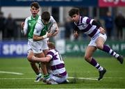 15 February 2022; Hugo McLaughlin of Gonzaga is tackled by Tom Murtagh of Clongowes Wood during the Bank of Ireland Leinster Rugby Schools Senior Cup 1st Round match between Clongowes Wood College, Kildare and Gonzaga College, Dublin at Energia Park in Dublin. Photo by David Fitzgerald/Sportsfile