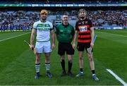 12 February 2022; Referee James Owens with team captains Colin Fennelly of Shamrocks and Barry Coughlan of Ballygunner before the coin toss at the AIB GAA Hurling All-Ireland Senior Club Championship Final match between Ballygunner, Waterford, and Shamrocks, Kilkenny, at Croke Park in Dublin. Photo by Piaras Ó Mídheach/Sportsfile