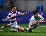 15 February 2022; Oscar O'Neill of Gonzaga scores his side's fifth and the winning try during the Bank of Ireland Leinster Rugby Schools Senior Cup 1st Round match between Clongowes Wood College, Kildare and Gonzaga College, Dublin at Energia Park in Dublin. Photo by David Fitzgerald/Sportsfile
