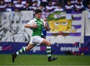 15 February 2022; Oscar O'Neill of Gonzaga on his way to scoring his side's fifth and the winning try during the Bank of Ireland Leinster Rugby Schools Senior Cup 1st Round match between Clongowes Wood College, Kildare and Gonzaga College, Dublin at Energia Park in Dublin. Photo by David Fitzgerald/Sportsfile