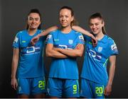 13 February 2022; Players, from left, Sarah McKevitt, Kerri Letmon and Mia Dodd during a DLR Waves squad portraits session at the UCD Bowl in Belfield, Dublin. Photo by Stephen McCarthy/Sportsfile