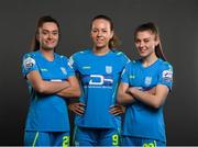 13 February 2022; Players, from left, Sarah McKevitt, Kerri Letmon and Mia Dodd during a DLR Waves squad portraits session at the UCD Bowl in Belfield, Dublin. Photo by Stephen McCarthy/Sportsfile