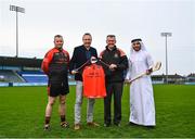 15 February 2022; John Gillick, Head of Consumer Marketing and Sponsorship, AIG, centre, alongside Balinteer Club Chairman Darren Chambers and hurlers Shane Corly, left, and Abood Al Jumali. Dublin GAA and AIG Insurance were in Parnell park to hold the official 2022 season launch and the rollout of the 2022 Equal campaign. Visit www.aig.ie/dublingaa for more information. Photo by David Fitzgerald/Sportsfile