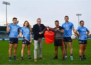15 February 2022; John Gillick, Head of Consumer Marketing and Sponsorship at AIG, centre, alongside Ballinteer hurler Abood Al Jumali and Dublin players, from left, Eoghan O'Donnell, Aisling Maher, Dean Rock and Niamh Collins. Dublin GAA and AIG Insurance were in Parnell park to hold the official 2022 season launch and the rollout of the 2022 Equal campaign. Visit www.aig.ie/dublingaa for more information. Photo by David Fitzgerald/Sportsfile