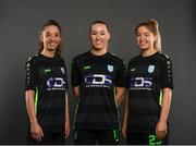 13 February 2022; Players, from left, Louise Corrigan, Fiona Donnelly and Kate Mooney during a DLR Waves squad portraits session at the UCD Bowl in Belfield, Dublin. Photo by Stephen McCarthy/Sportsfile