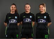 13 February 2022; Players, from left, Louise Corrigan, Fiona Donnelly and Kate Mooney during a DLR Waves squad portraits session at the UCD Bowl in Belfield, Dublin. Photo by Stephen McCarthy/Sportsfile