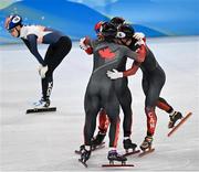 16 February 2022: The Canada team celebrate after the Men's 5000m Relay A Final on day 12 of the Beijing 2022 Winter Olympic Games at Capital Indoor Stadium in Beijing, China. Photo by Ramsey Cardy/Sportsfile Photo by Ramsey Cardy/Sportsfile