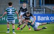 16 February 2022; Max Barry of Newbridge College is tackled by Thomas McGovern of St Gerard’s School during the Bank of Ireland Leinster Rugby Schools Senior Cup 1st Round match between St Gerard's School, Dublin and Newbridge College, Kildare at Energia Park in Dublin. Photo by Harry Murphy/Sportsfile