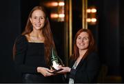 16 February 2022; Kilkerrin-Clonberne’s Olivia Divilly is presented with The Croke Park/LGFA Player of the Month award for January by Edele O’Reilly, Director of Sales & Marketing, The Croke Park, at The Croke Park in Jones Road, Dublin. Galway county star Olivia scored 0-5 as Kilkerrin-Clonberne defeated Mourneabbey from Cork on January 29 to claim a very first currentaccount.ie All-Ireland Ladies Senior Club Football Championship title. Photo by Piaras Ó Mídheach/Sportsfile