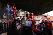 16 February 2022; Olympian Rob Heffernan and Peamount United footballer Stephanie Roche, centre, with, from left, Adam Feeney, Nikita Aleksandrovic, Francis Campbell, Bran Lambert, age 3, Susan Lambert, Harleigh Dempsey, age 4, Sean Brennan, Adam Lawson, age 3, Cillian Purcell, Jack Doyle, Kate Mooney, Leah O'Leary, Ciara Maher, Jimmy Dignan with daughter Madeleine, age 6 months, James Talbot, Chris Lotefa, Jack Moylan and Luke Dennison in attendance for the Bank of Ireland Healthy Football League launch at Dalymount Park in Dublin. Photo by David Fitzgerald/Sportsfile