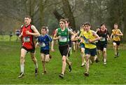 16 February 2022; Jamie Wallace of Coláiste Mhuire, Mullingar, 377, on his way to winning the junior boys' 3000m, ahead of Rhys Johnson of Pipers Hill College Naas, left, who finished second, during the Irish Life Health Leinster Schools Cross Country Championships at Santry Demesne in Dublin. Photo by Sam Barnes/Sportsfile