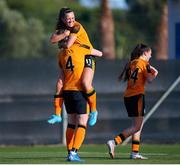 16 February 2022; Louise Quinn of Republic of Ireland celebrates with teammate Katie McCabe after scoring her side's second goal during the Pinatar Cup match between Republic of Ireland and Poland at La Manga in Murcia, Spain. Photo by Silvestre Szpylma/Sportsfile