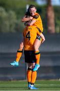 16 February 2022; Louise Quinn of Republic of Ireland celebrates with teammate Katie McCabe after scoring her side's second goal during the Pinatar Cup match between Republic of Ireland and Poland at La Manga in Murcia, Spain. Photo by Silvestre Szpylma/Sportsfile