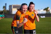 16 February 2022; Louise Quinn, left, and Lucy Quinn of Republic of Ireland celebrate after the Pinatar Cup match between Republic of Ireland and Poland at La Manga in Murcia, Spain. Photo by Silvestre Szpylma/Sportsfile