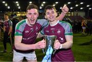 16 February 2022; NUI Galway players Fionn McDonagh, left, and Gavin Burke celebrate after their side's victory in the Electric Ireland HE GAA Sigerson Cup Final match between NUI Galway and University of Limerick at IT Carlow in Carlow. Photo by Piaras Ó Mídheach/Sportsfile