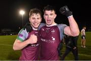 16 February 2022; NUI Galway players Rory Egan, left, and Tomo Culhane celebrate their side's victory in the Electric Ireland HE GAA Sigerson Cup Final match between NUI Galway and University of Limerick at IT Carlow in Carlow. Photo by Piaras Ó Mídheach/Sportsfile