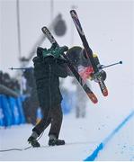 17 February 2022: Jon Sallinen of Finland collides with a camera operator during the Mens Freeski Halfpipe Qualification event on day 13 of the Beijing 2022 Winter Olympic Games at Genting Snow Park in Zhangjiakou, China. Photo by Ramsey Cardy/Sportsfile