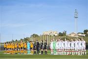 16 February 2022; Players stand for the national anthems before the Pinatar Cup match between Republic of Ireland and Poland at La Manga in Murcia, Spain. Photo by Silvestre Szpylma/Sportsfile