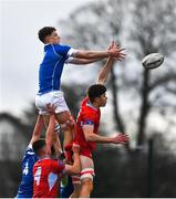 17 February 2022; Samuel Byrne of Catholic University School contests a line-out against Louis McGauran of St Mary’s College during the Bank of Ireland Leinster Rugby Schools Senior Cup 1st Round match between St Mary’s College and CUS at Lakelands Park in Dublin. Photo by Daire Brennan/Sportsfile