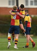 17 February 2022; Rory O’Connor O’Hehir, 8, and Louis Martin of St Fintan's High School celebrate at the final whistle after their side's victory in the Bank of Ireland Fr Godfrey Cup Semi-Final match between St Fintan's High School and CBC Monkstown at Clontarf Rugby Club in Dublin. Photo by Seb Daly/Sportsfile
