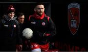 6 February 2022; Tyrone captain Padraig Hampsey leads his side out onto the pitch before the Allianz Football League Division 1 match between Armagh and Tyrone at the Athletic Grounds in Armagh. Photo by Brendan Moran/Sportsfile