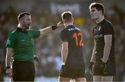 6 February 2022; Referee David Gough speaks to Jarly Og Burns of Armagh during the Allianz Football League Division 1 match between Armagh and Tyrone at the Athletic Grounds in Armagh. Photo by Brendan Moran/Sportsfile