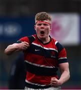 17 February 2022; Tom Geoghegan of Wesley College celebrates after the Bank of Ireland Leinster Rugby Schools Senior Cup 1st Round match between Cistercian College, Roscrea and Wesley College at Energia Park in Dublin. Photo by David Fitzgerald/Sportsfile