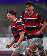 17 February 2022; Ryan Jones of Wesley College celebrates after the Bank of Ireland Leinster Rugby Schools Senior Cup 1st Round match between Cistercian College, Roscrea and Wesley College at Energia Park in Dublin. Photo by David Fitzgerald/Sportsfile