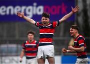 17 February 2022; Kameron Moran of Wesley College celebrates his side's fourth try during the Bank of Ireland Leinster Rugby Schools Senior Cup 1st Round match between Cistercian College, Roscrea and Wesley College at Energia Park in Dublin. Photo by David Fitzgerald/Sportsfile