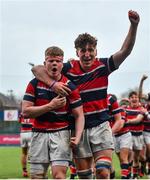 17 February 2022; Wesley College players Tom Geoghegan, left, and Liam O'Neill celebrate after the Bank of Ireland Leinster Rugby Schools Senior Cup 1st Round match between Cistercian College, Roscrea and Wesley College at Energia Park in Dublin. Photo by David Fitzgerald/Sportsfile
