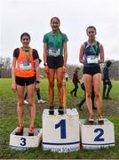 16 February 2022; Intermediate girls' 3500m medallists Anna Watson of St Joseph of Cluny, gold, Caoimhe Kilmurray of Loreto Mullingar, silver, and Holly O'Brien of St Andrew's College, bronze, during the Irish Life Health Leinster Schools Cross Country Championships at Santry Demesne in Dublin. Photo by Sam Barnes/Sportsfile