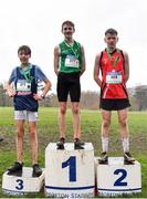 16 February 2022; Junior boys' 3000m medallists, Jamie Wallace of Coláiste Mhuire, Mullingar, gold, Rhys Johnson of Pipers Hill College Naas, silver, and Conor McGuirk of Lusk Community College, bronze, during the Irish Life Health Leinster Schools Cross Country Championships at Santry Demesne in Dublin. Photo by Sam Barnes/Sportsfile