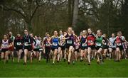 16 February 2022; Athletes competing in the junior girls' 2000m during the Irish Life Health Leinster Schools Cross Country Championships at Santry Demesne in Dublin. Photo by Sam Barnes/Sportsfile