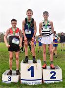 16 February 2022; Minor boys' 2000m medallists, George Sevastopulo of Mount Temple, gold, Dan Carroll of St Kieran's Kilkenny, silver, and Daniel Downey of St Mary's CBS Portlaoise, bronze, during the Irish Life Health Leinster Schools Cross Country Championships at Santry Demesne in Dublin. Photo by Sam Barnes/Sportsfile