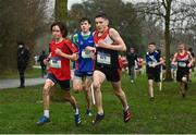 16 February 2022; Athletes including, from left, Ferdia McDonagh of Lucan Community College, Patrick Duffy of Colaiste Choilm Tullamore, and Daniel Downey of St Mary's CBS Portlaoise, competing in the minor boys' 2000m during the Irish Life Health Leinster Schools Cross Country Championships at Santry Demesne in Dublin. Photo by Sam Barnes/Sportsfile